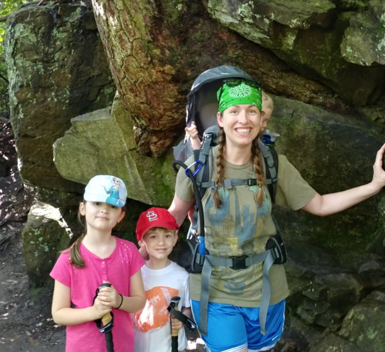 mom with three kids on the trail to plunge basin linville falls nc