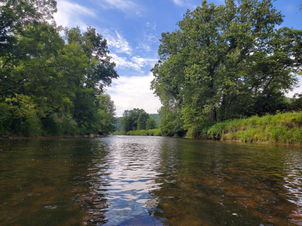 a bend in the new river forest to the left farm land to the right with trees framing the picture in the middle